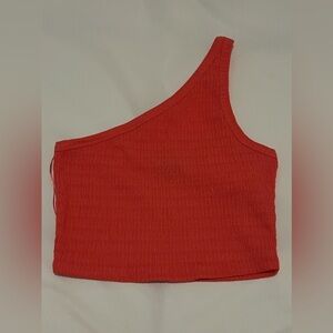 Women’s M - cropped one shoulder top. Coral, ribbed. Never worn